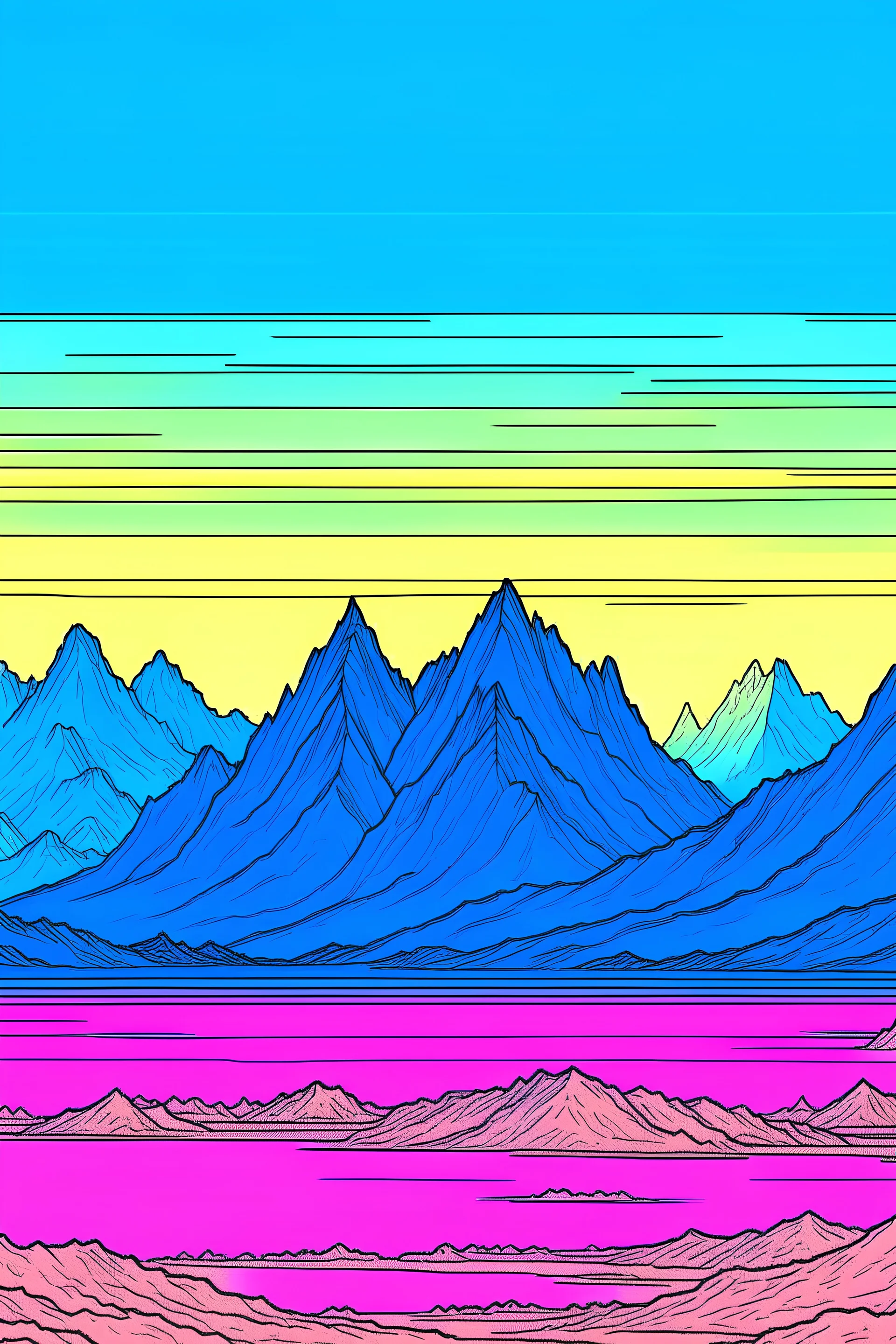 mountains in the distance in the style of Moebius
