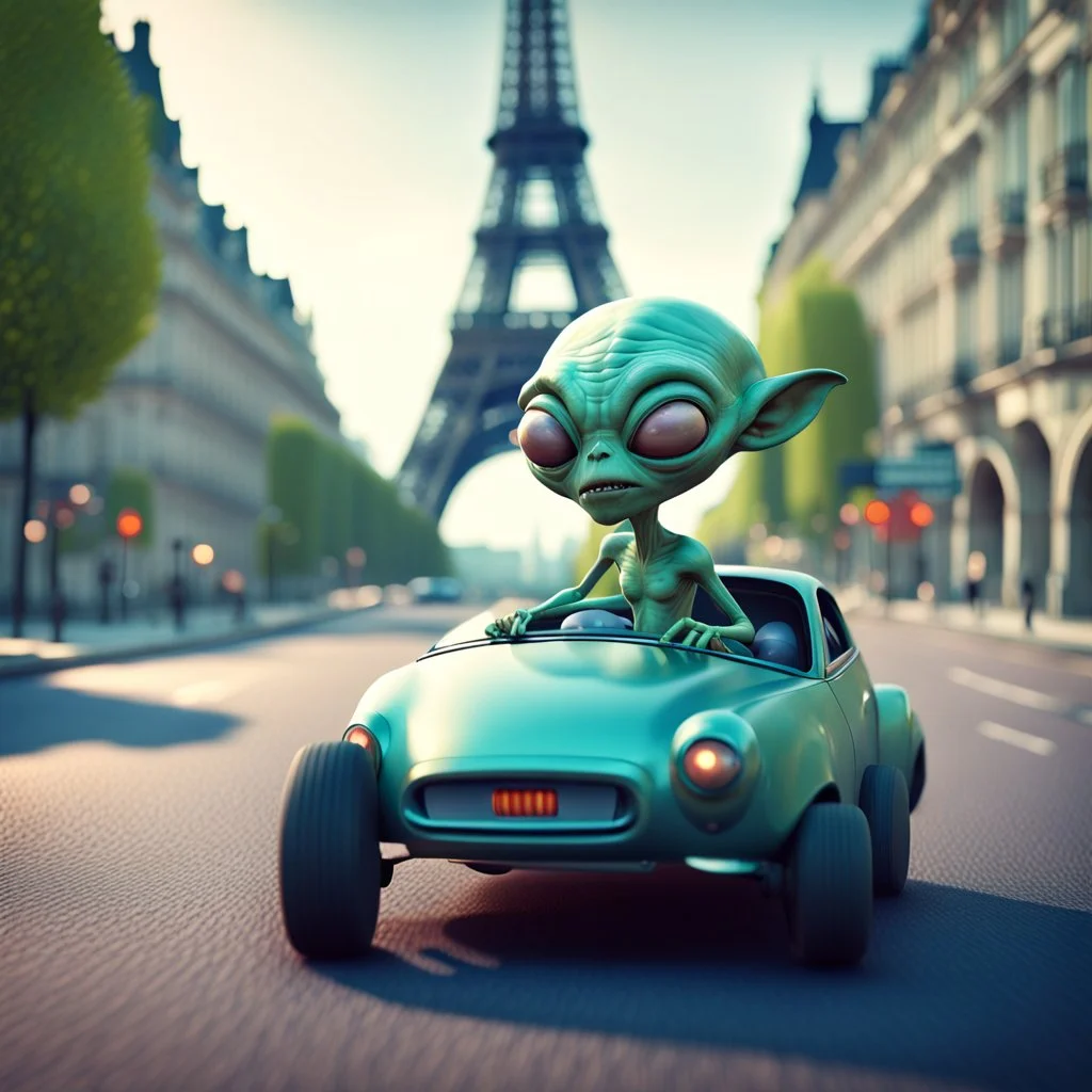 a cartoon alien driving a car down a road in paris, a character portrait by Mike Winkelmann, featured on cgsociety, pop surrealism, rendered in cinema4d, daz3d, behance hd