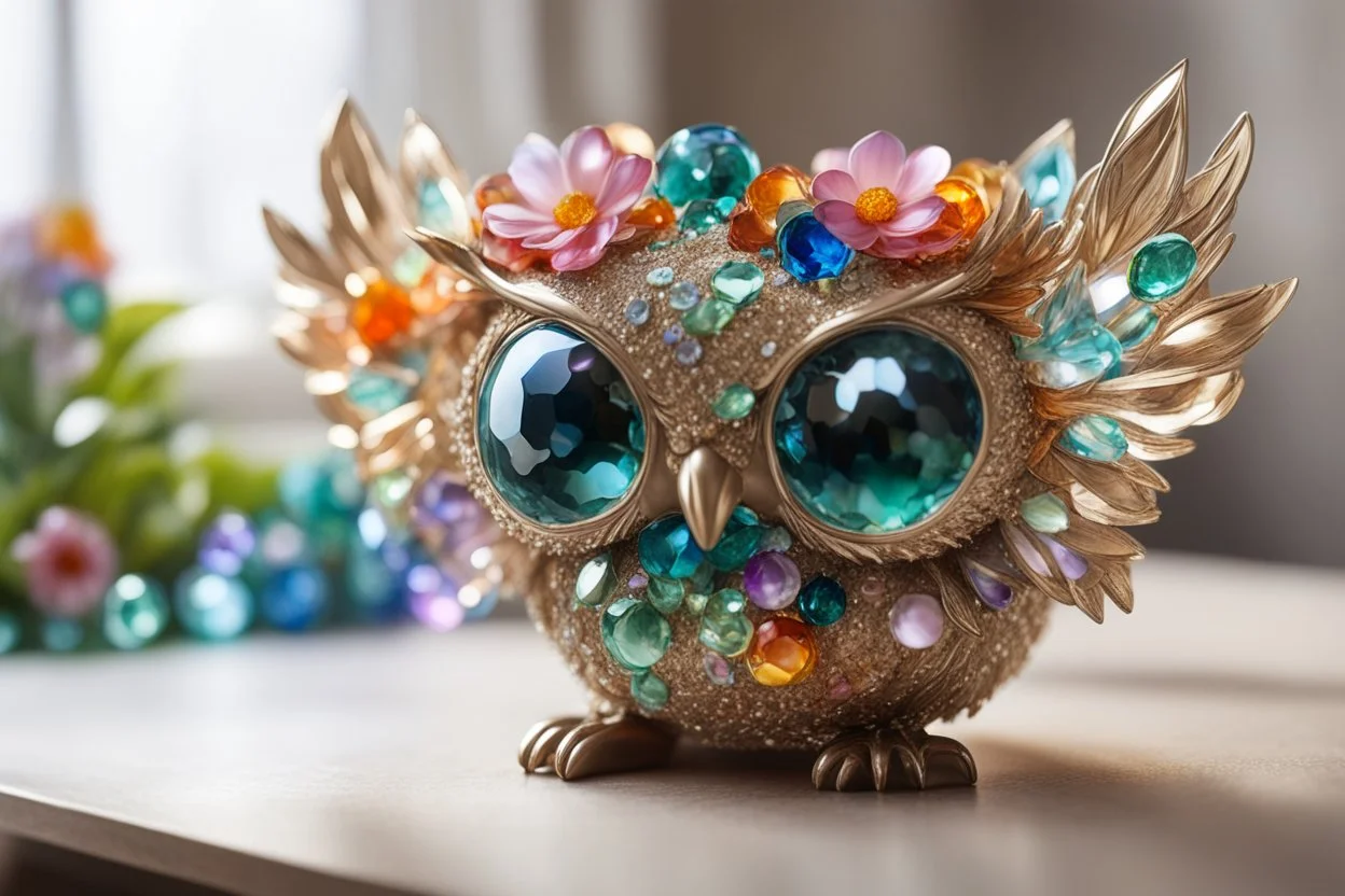 closeup, cute chibi sleeping owl fairy, Coloured glass flowers set with gemstones, glittering metal stems and gemstone leaves on a room table sharp focus elegant extremely detailed intricate very attractive beautiful dynamic lighting fantastic view crisp quality exquisite detail in the sunshine gems and jewels