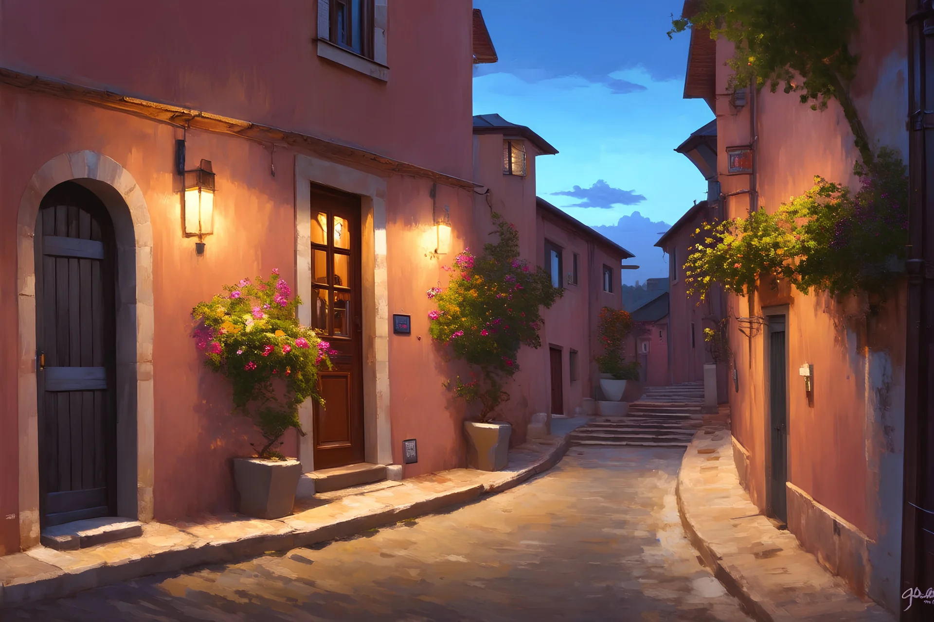 High definition, sharp edged, painting of a small and inviting Italian house, along a curved street, alley way, restaurant with a beautiful courtyard, an inviting door, small archway, pretty flowers, steps, a window, and with attractive blue hour lighting at dusk