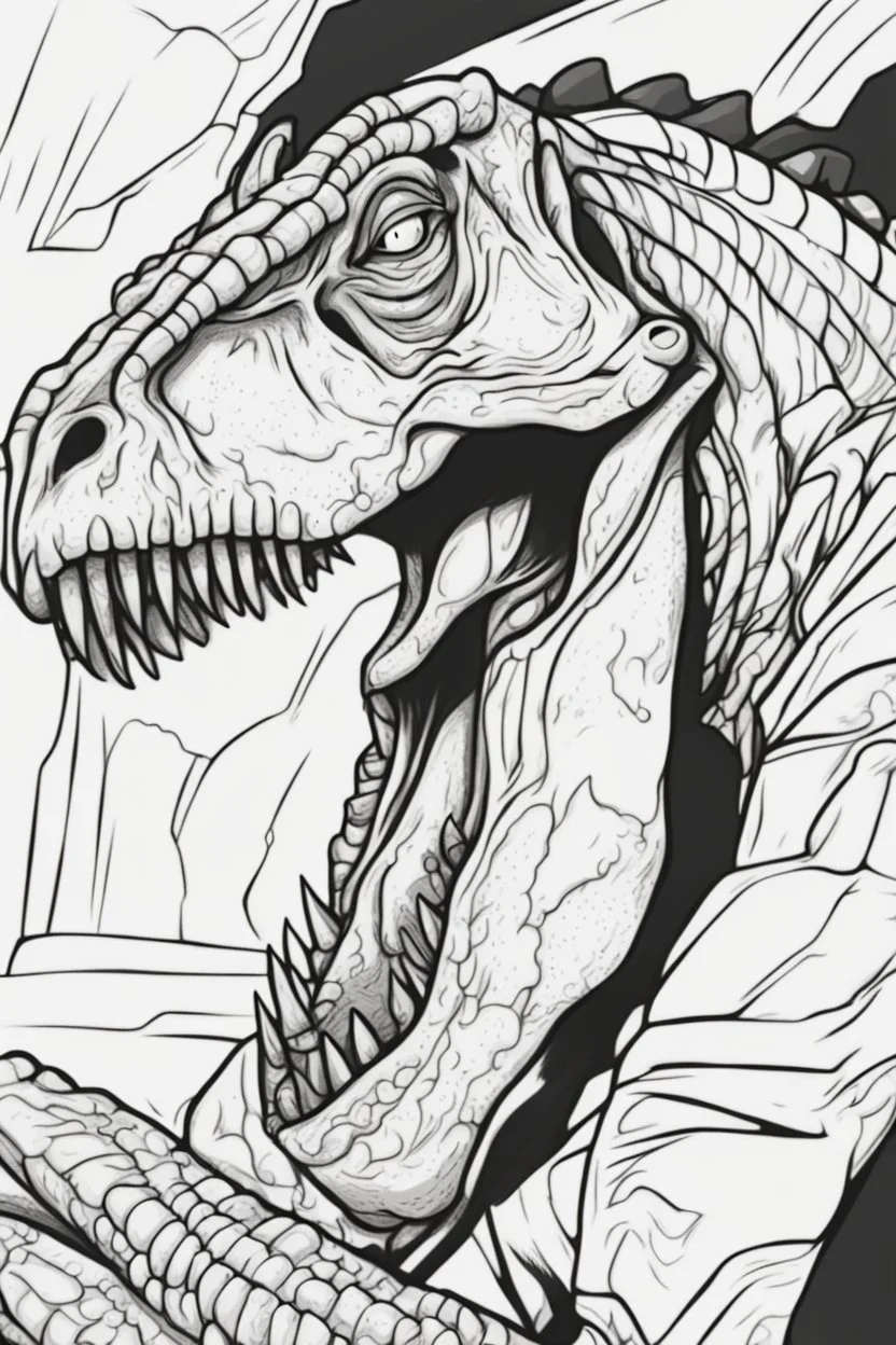 modern cartoon drawing style high contrast coloring page of a sleeping tyrannosaurus, close up side view, dynamic pose, upper body portrait, illustration, adult coloring page, thick outline, no details