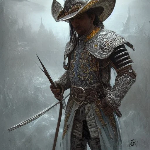 Insanely detailed photograph of an “portrait of an D&D Echo Knight wearing a charro”, intricate embroidered cowboy hat, stern clear face and hyperdetailed painting by Ismail Inceoglu Huang Guangjian and Dan Witz CGSociety ZBrush Central fantasy art album cover art,8K, hdr, epic, mysterious, ominous, hands focused on a glowing D20, jewelry, motivated