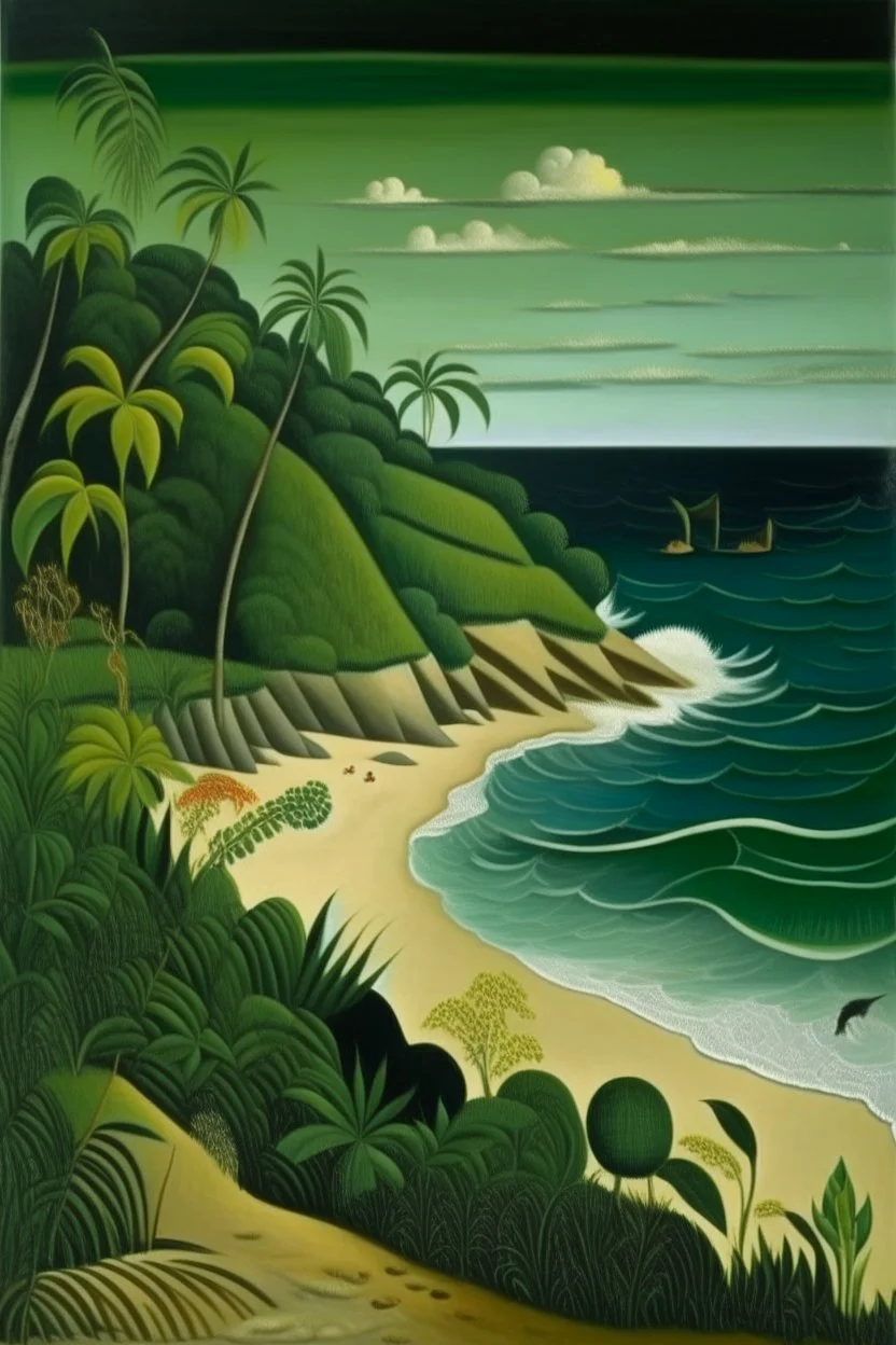 A green beach near cliffs painted by Henri Rousseau