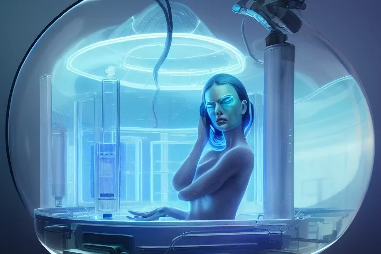 detailed sharp focused portrait very beautiful cyborg transparent glossy glass skin surrounded glowing tubes inside an incubator futuristic hospital bio lab, intricate rendered by beeple, by syd meade, by android jones, by yoanne lossel, by artgerm and greg rutkowski, space art concept, sci - fi, digital art, unreal engine, wlop, trending artstation, sharp focus