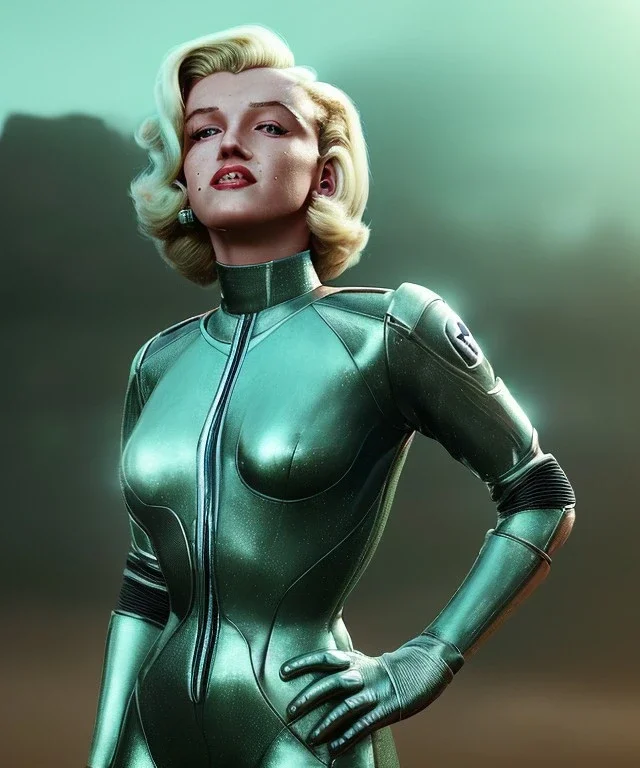 Ultra Realistic retro sci-fi 1960 scene, waist up view portrait, blonde woman, sweet young Marilyn Monroe face, perfect iris, tight latex coat, Strange planet background, Retro sci-fi style glass helmet, sphere dron, fog, rain, soft color, highly detailed, unreal engine 5, ray tracing, RTX, lumen lighting, ultra detail, volumetric lighting, 3d, finely drawn, high definition, high resolution.