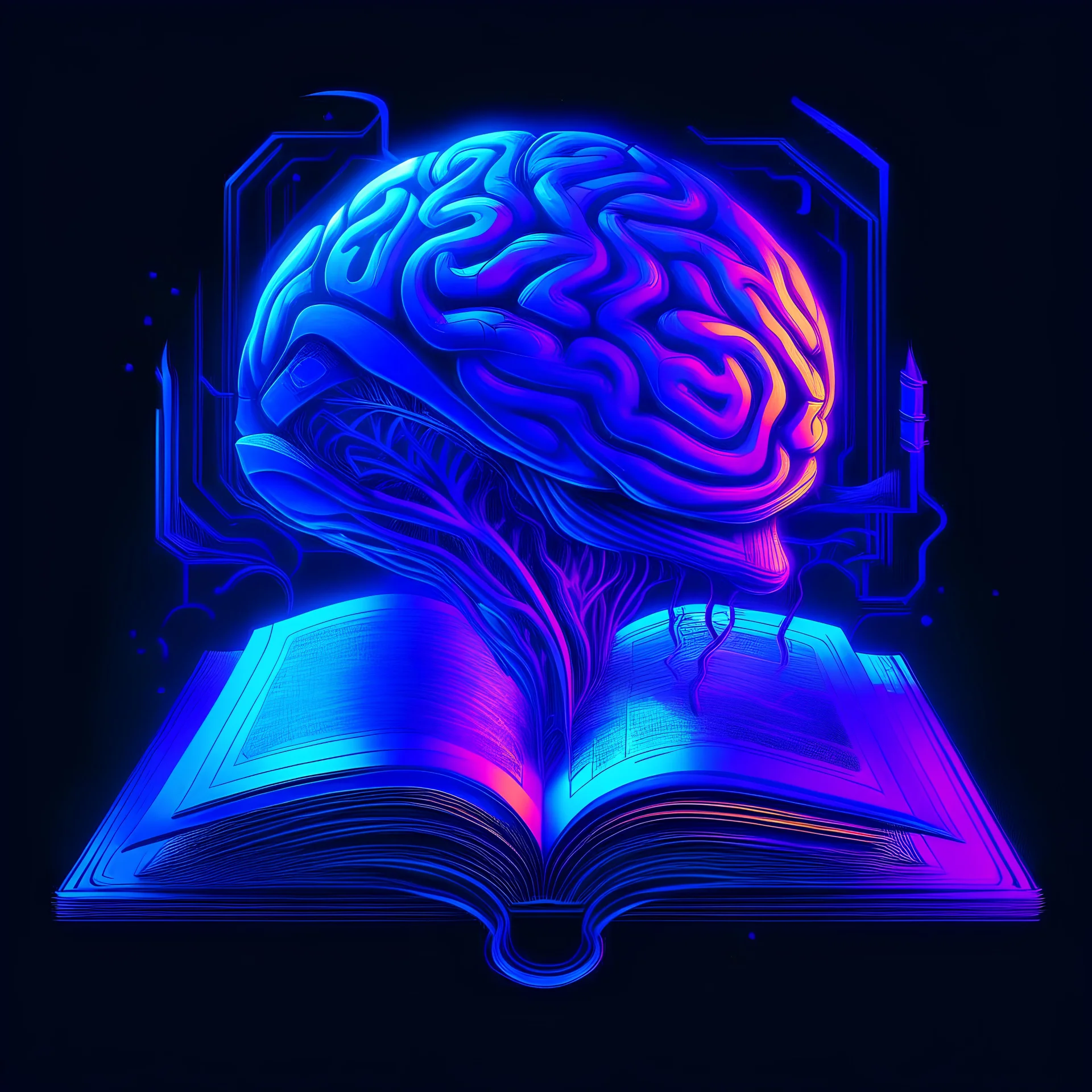 the book of five misteries ,real synthwave style, with purple bioluminescence and 5 brains