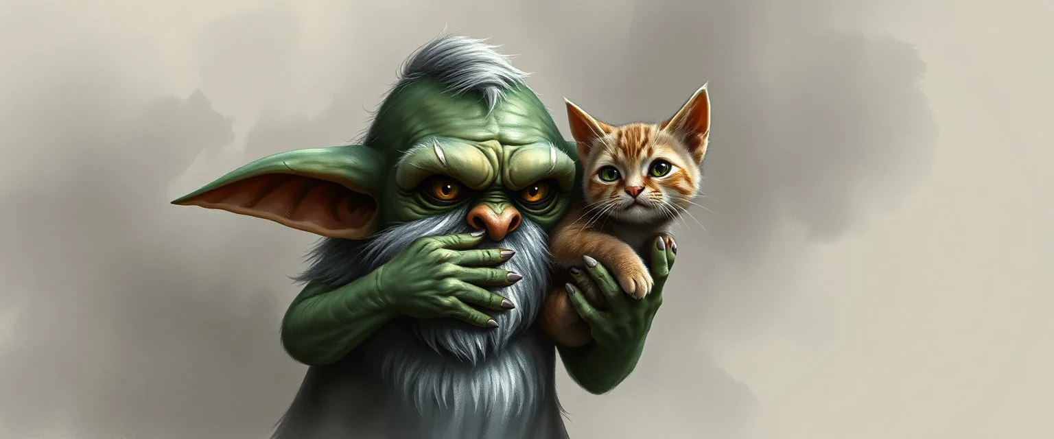 air brush 3d with pen outline, mongrel goblin gremlin holding big cute cat monster gnome with blurred shadow outline, charcoal fog border