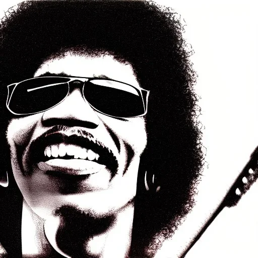 a realistic portrait of Jimi Hendrix at a turntable with headphones on being a DJ, vivid color, with sunglasses