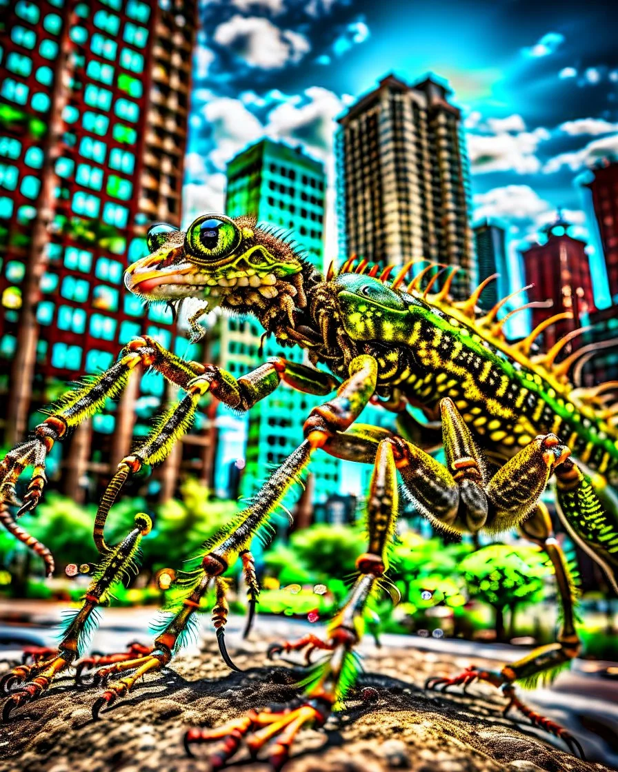 a national geographic style photograph of a eagle mantis lizard hybrid attacking detroit