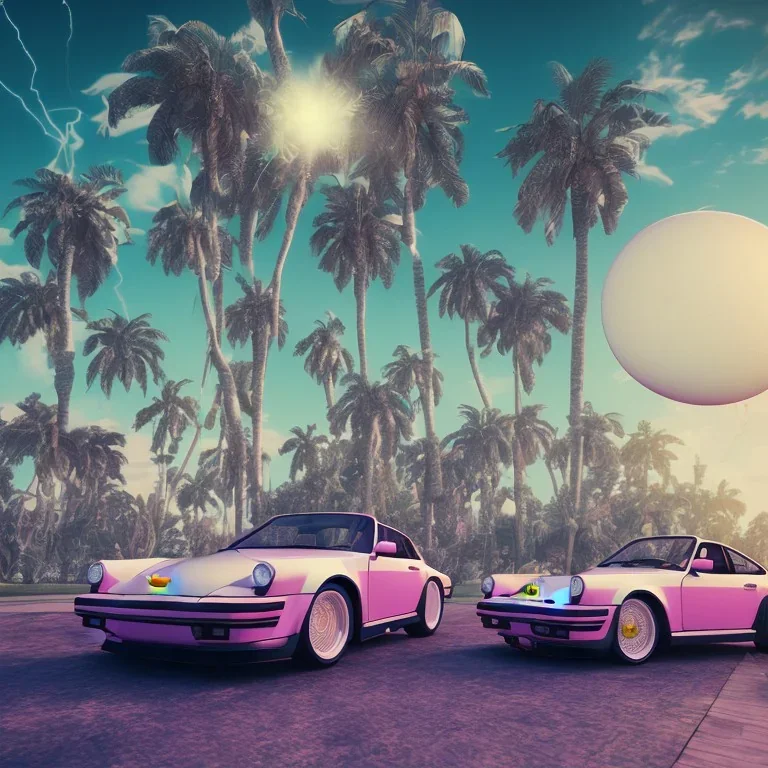 1980's aesthetic vaporwave palm trees and spheres and Porsche with lightning