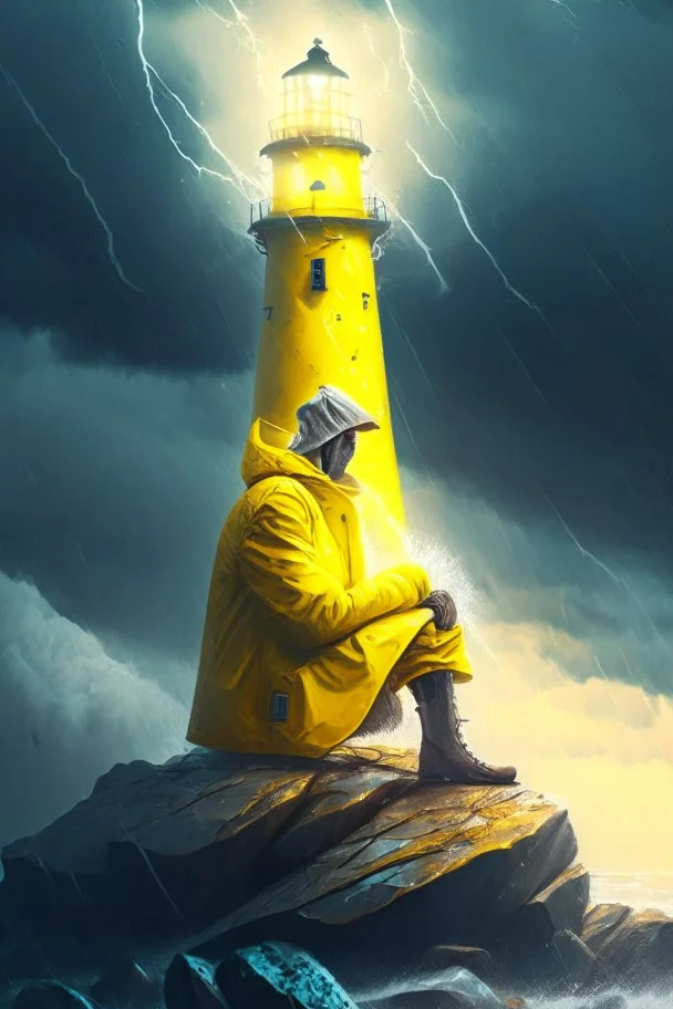 portrait of dead seafarer sitting in yellow raincoat on rocks beneath a unreal bright white lighthouse, storm clouds, lightening, volumetric light,depth of field, fantasy art, 4k, highly detailed, sunbeam