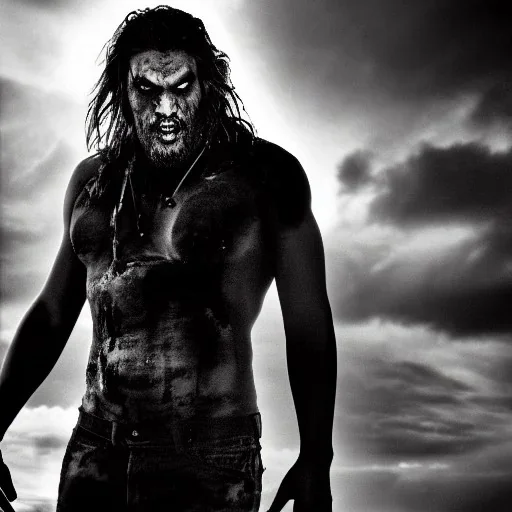 Zombie Jason momoa, dramatic light, cityscape, twilight, dystopian setting, high contrast, cinematic