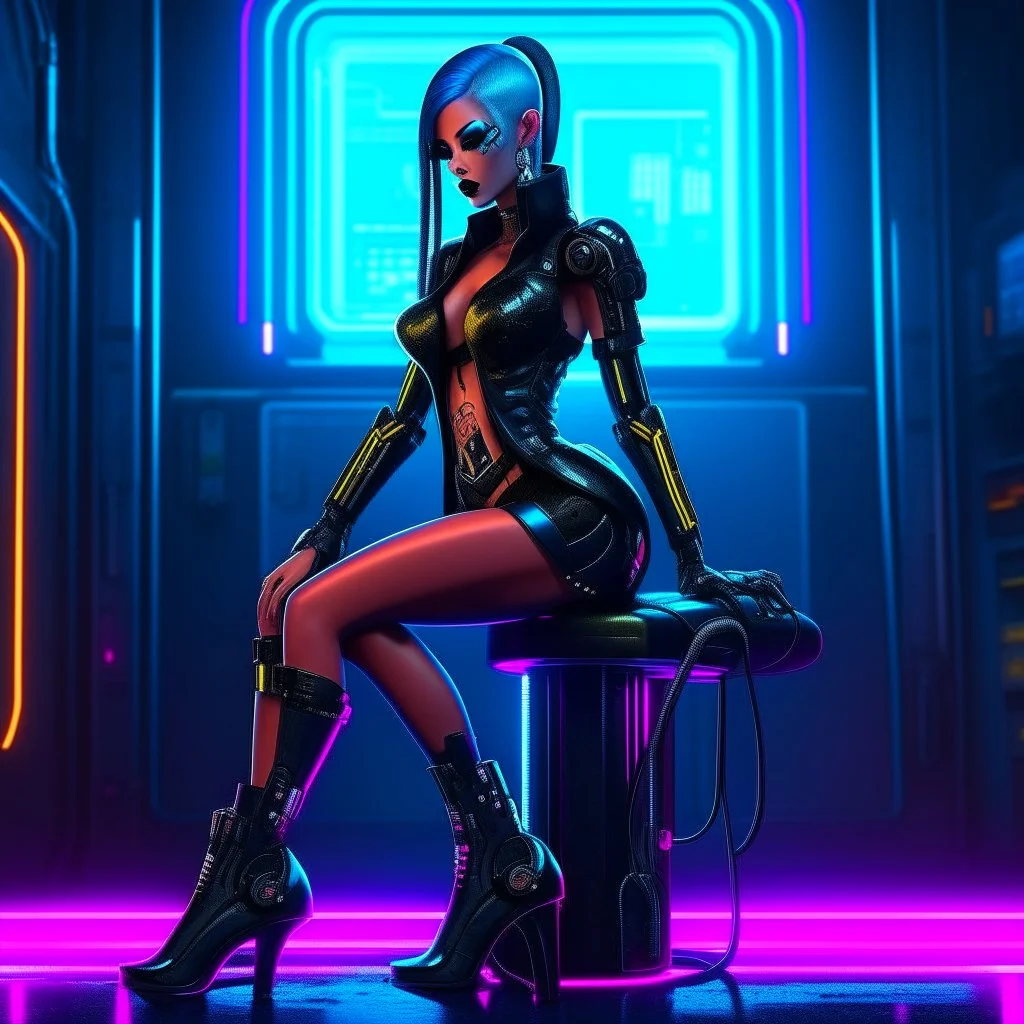 Cyberpunk pin-up girl with cyber legs