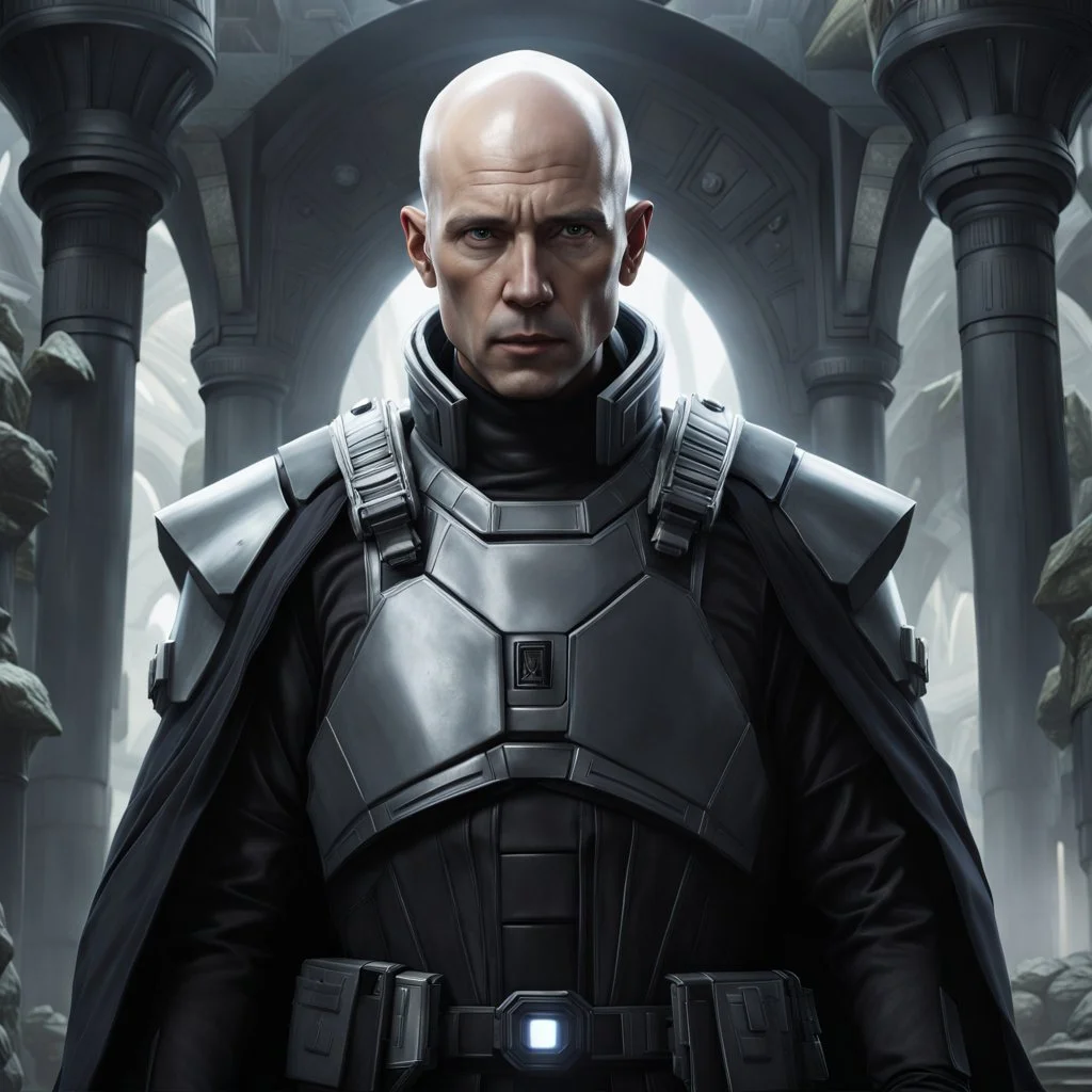 star wars bald male corellian pilot wearing pearlescent black and gunmetal grey First Order special forces heavy assault armor and helmet with gold trim inside the jedi temple, centered portrait, hyperdetailed, dynamic lighting, hyperdetailed background, 8k resolution, volumetric lighting, light skin, fully symmetric details