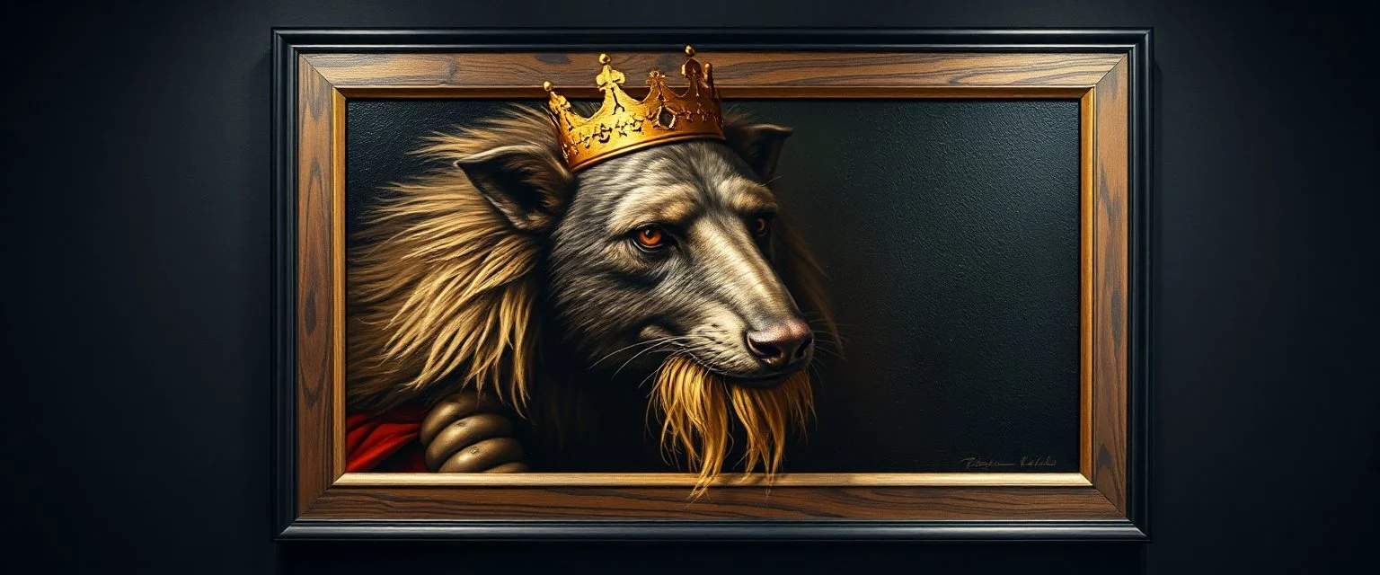 king weasel in style of Rembrandt and Fallout 4, with motion blur, all on a painting on wall with black wooden frame and with black wall background