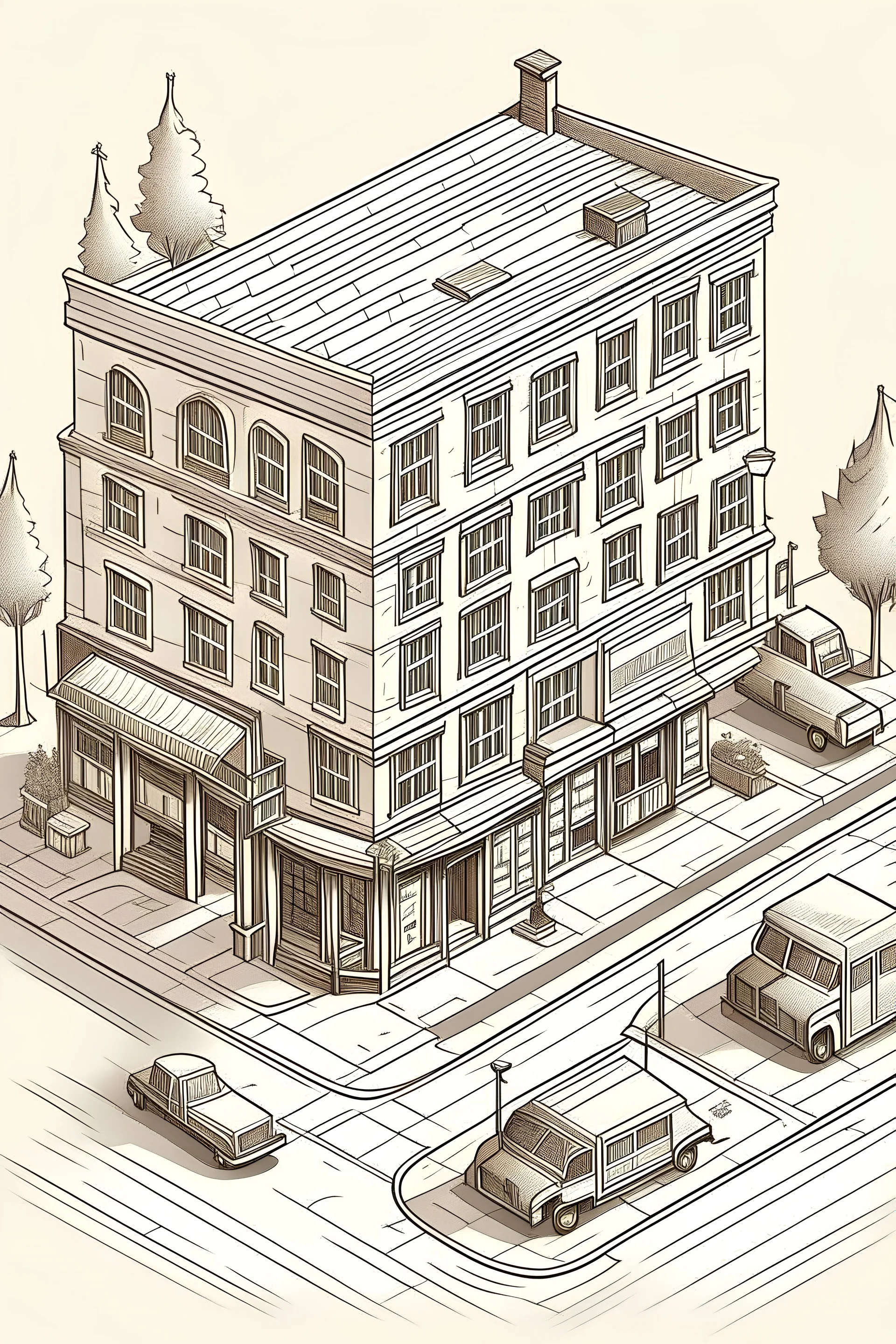 draw an old town. include school and library , barbershop , bank , hotel , post office , sidewalk .