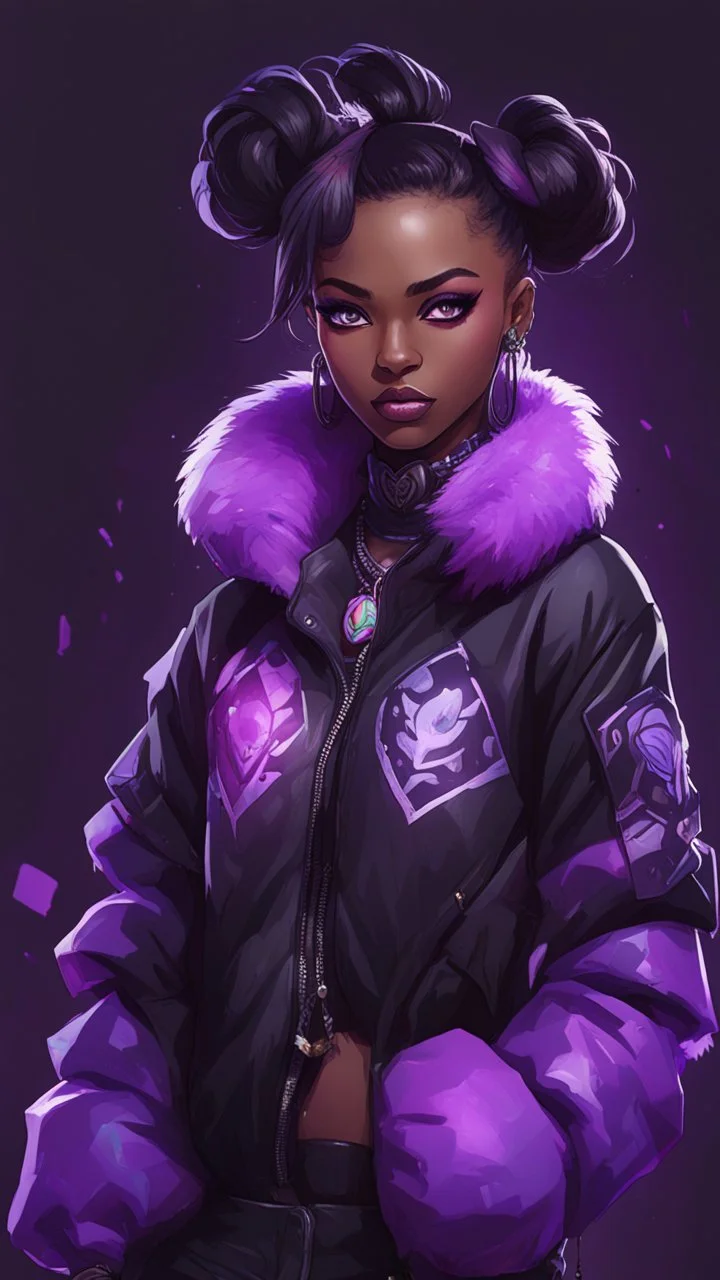 arcane tv show style, league of legends, solo, 1girl, attractive teenager, african, dark skin, dark-brown eyes, black hair, pair buns, (violet strand in forehead bang), bullet necklace, earrings, modern makeup, (detailed skin texture), black oversize puffy jacket with fur collar, black top with acid-violet abstract print, dark background, bokeh