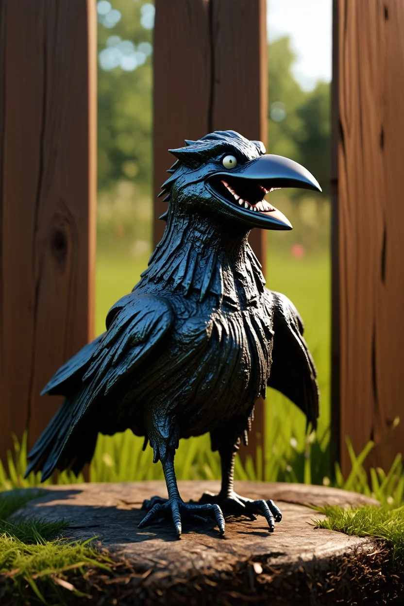 smilende zombie crow av tre foran et kastanjegjerde in the style of giger and fallout 4 ,,bokeh like f/0.8, tilt-shift lens 8k, high detail, smooth render, down-light, unreal engine