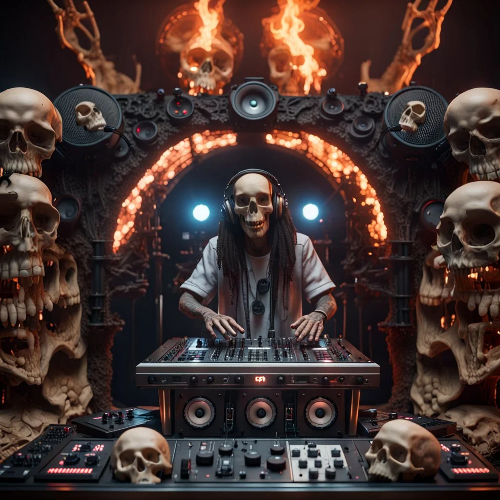 DJ Jazzy Jesus, insanely detailed DJ booth in hell, MID set, speakers and equipment made of bone, anatomically correct, add more skulls in th audience, photorealism, vray, 8k 3d