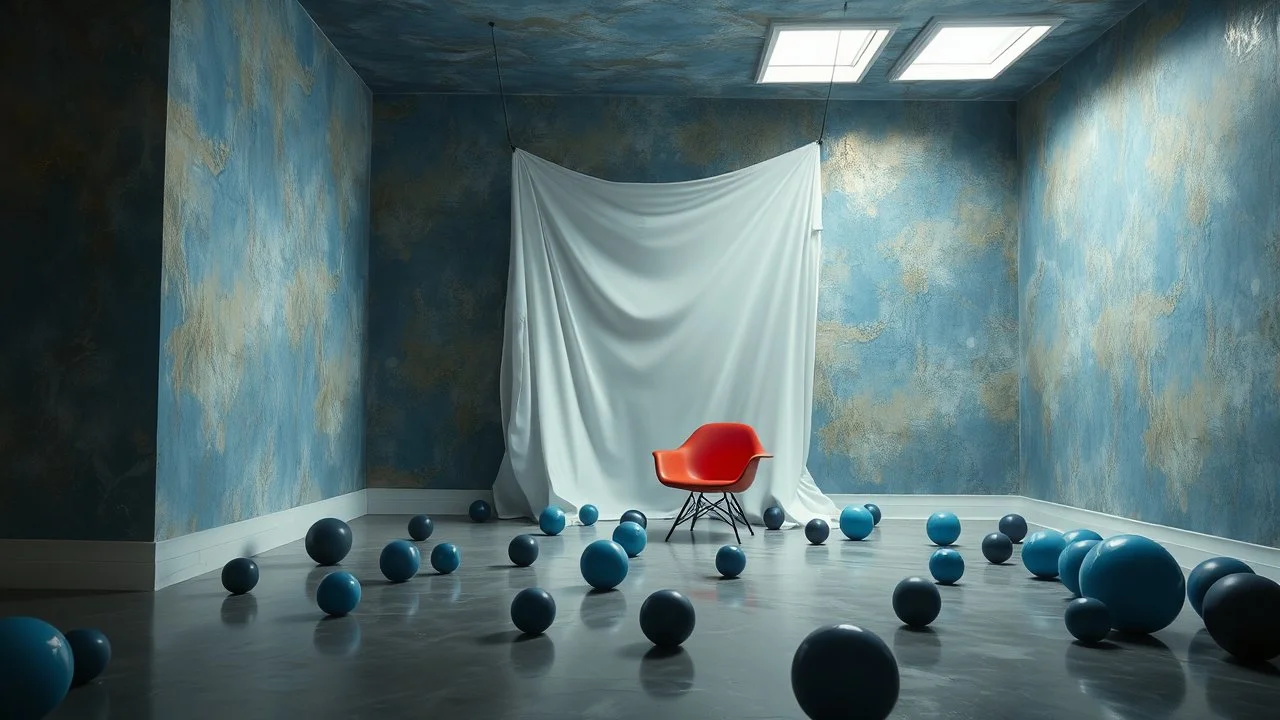 The image depicts a surreal interior space featuring a textured, abstract wall with a blue and gold color scheme. In the center, a large, flowing white fabric or sheet appears to be suspended in mid-air. The floor is wet, reflecting light, and scattered across it are various blue and black spheres. A modern red chair is positioned in the room, and there are bright light sources from a couple of square openings in the ceiling.