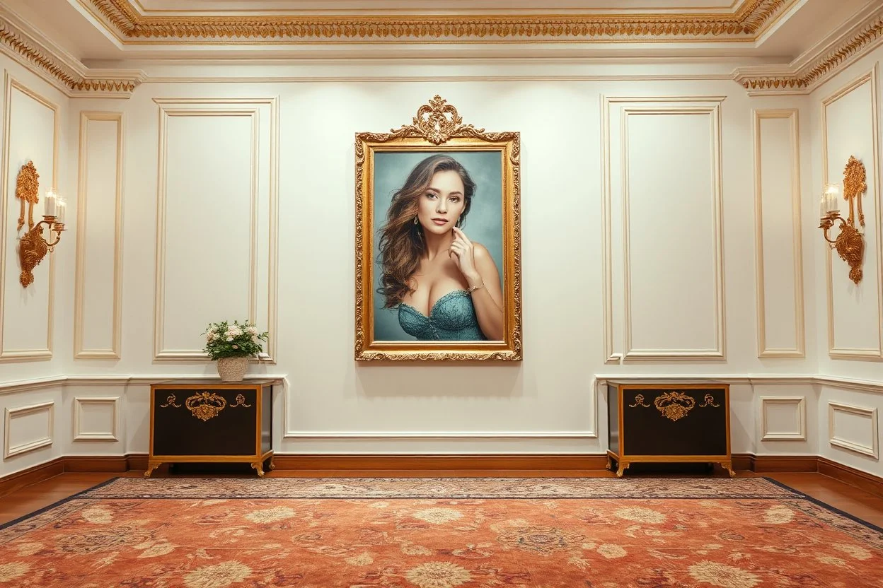 a very beautiful lady upper body photo in pretty frame hanging a wall in a luxury galery stage with carpets in floor