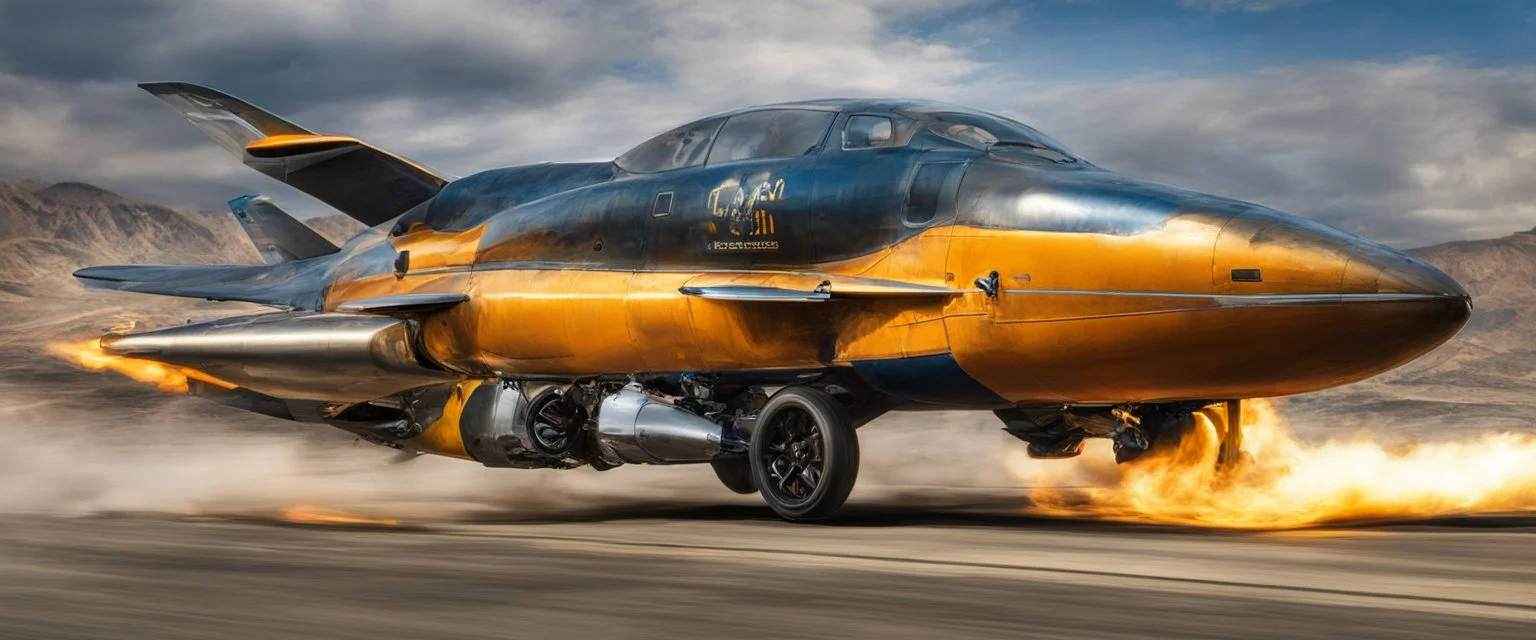 A national geographic award winning photograph of a military fighter jet station wagon wasp hybrid designed by volkswagen only one vehicle per image painted metallic orange traveling at a high rate of speed, jet intake off of front center of vehicle and jet exhaust out the rear with bright blue flame