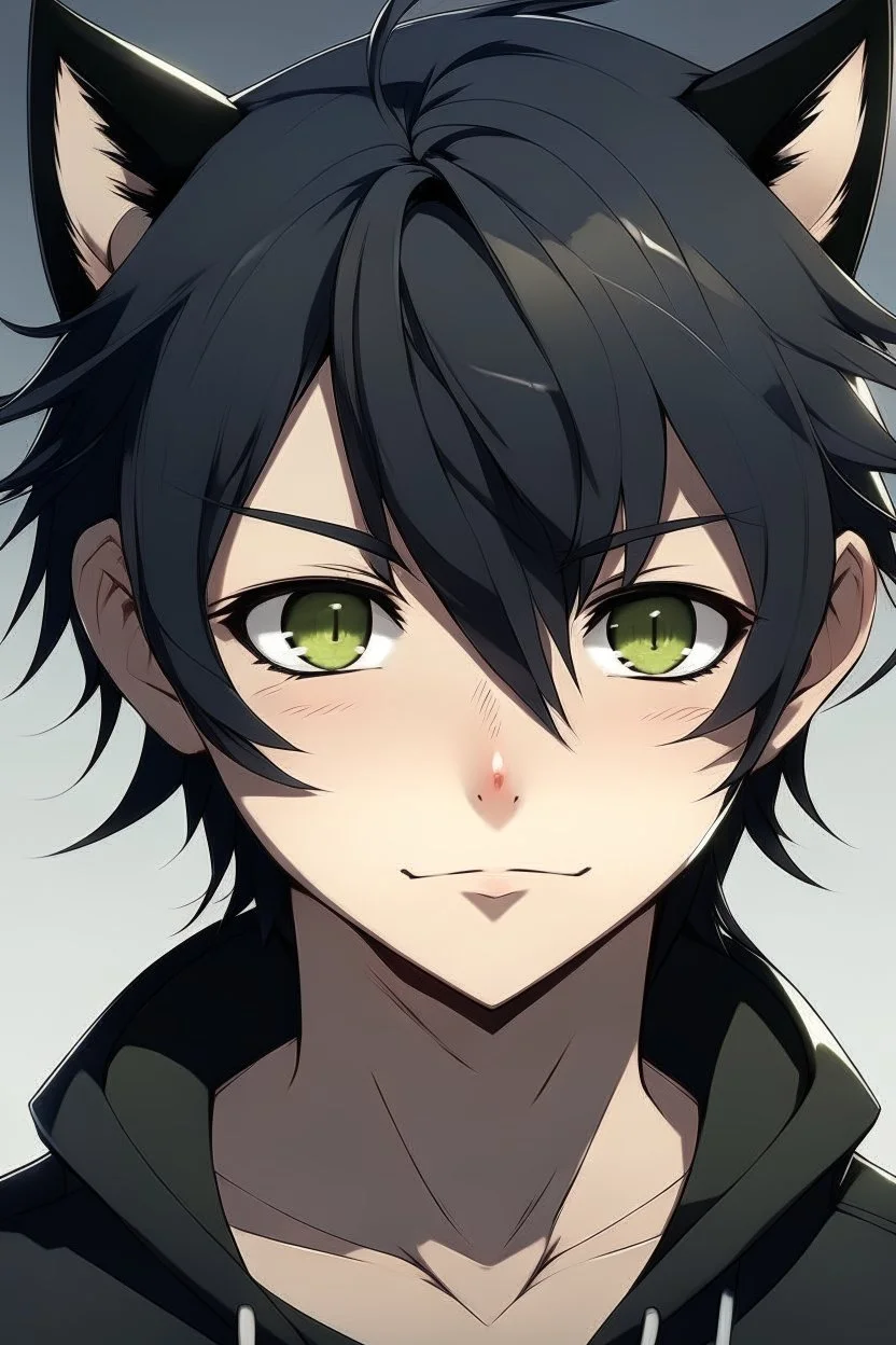 A male anime boy with messy black hair, black cat ears.