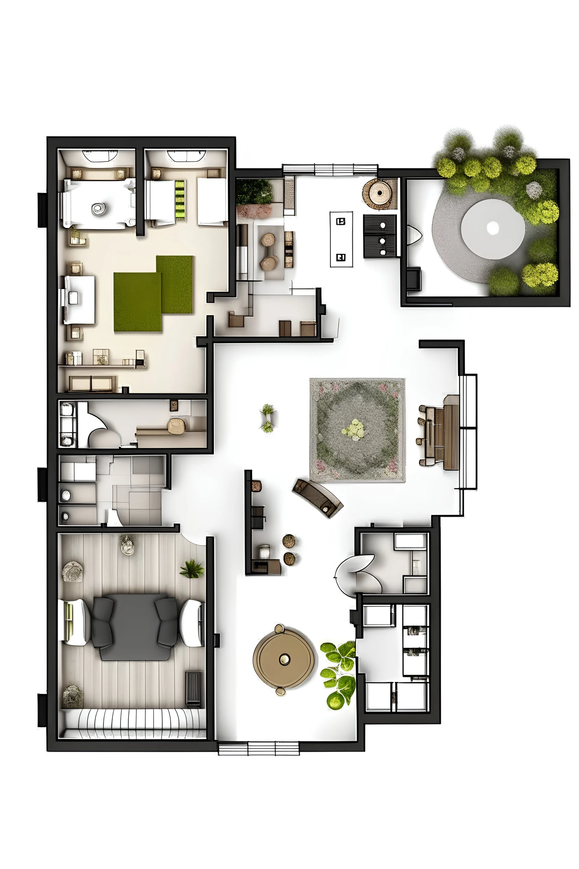 crear el plano de una casa con 4 habitaciones que tenga baño individal, sala comerdor cocina baño de visitas estudio salon y consultorio