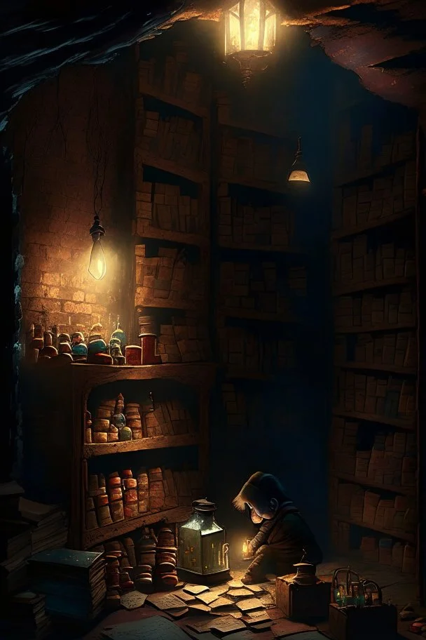 A dark, dingy brick dungeon, with a small shelf hanging on the back wall, containing only nine vintage bottles of various sizes, and a lantern sitting on the floor, casting light on a pile of books with a young child studying