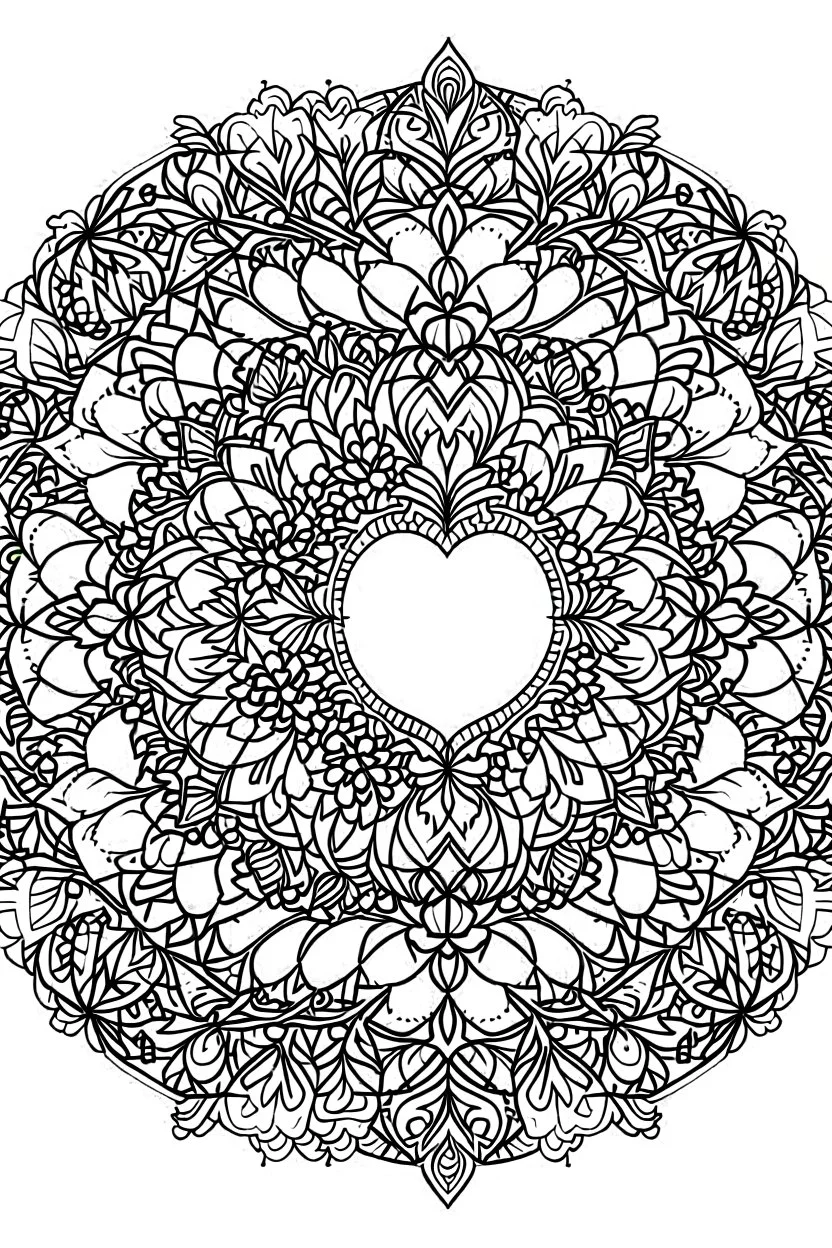 kids coloring page, mandala of flowers and hearts, cartoon style, thick lines, low detail, no shading