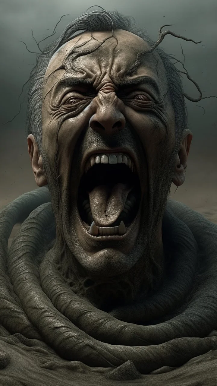 A big statue of a head in the sand huge mouth open and out of it a lot of snakes and spidrs,surrealism of the dark of a nightmare ten miles high and six foot deep, hyper photorealistic, hyper detailed dark art color, high resolution, fog, octane render, tilt shift, HDRI Environment, all pictures dark gray