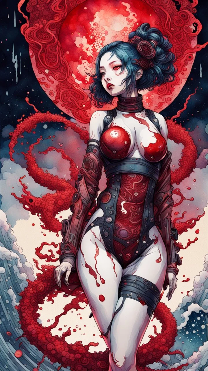 cyberpunk full body, huge girl, blood, guts, cosmic, futuristic, iridescent, intricate, behind made liquid, watercolor illustration by <Katsushika Hokusai>, darkred tones,