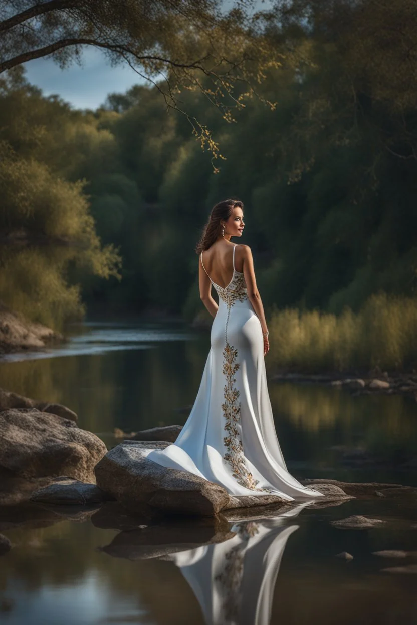 full shot body photo of the most beautiful artwork in the world featuring model, happy mood, High Detail, Sharp focus, dramatic, photo realistic, ultra sharp, ultra hd, hyper realistic, ultra realistic, ((((dress)))), trending on artstation, sharp focus, studio photo, intricate details, highly detailed, standing in nice pose in country side with river ,water fall ,rocky vally