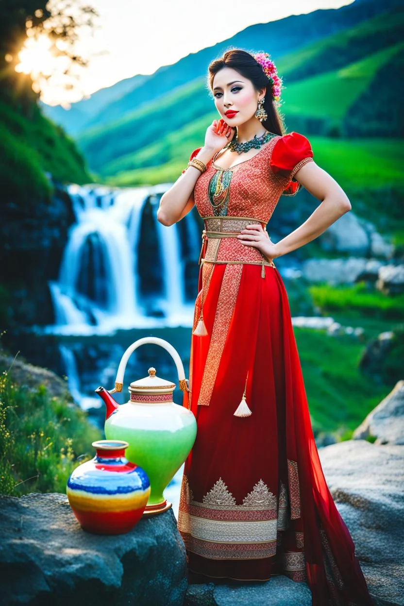 a woman in a red dress holding a vase, creative colorfull - makeup, with professional makeup, hand built ceramics, very very very beautiful face , nice country side with hills ,waterfall over a river with clear water,girls with perfect pretty face in folk costums and a jar, filling their jugs with water and some of them leaving while carring there jugs in there shouldes and 1beautiful girl with jug in shoulder in closeup , very nice mountains at distant, nice clouds in sky ,wide green field with