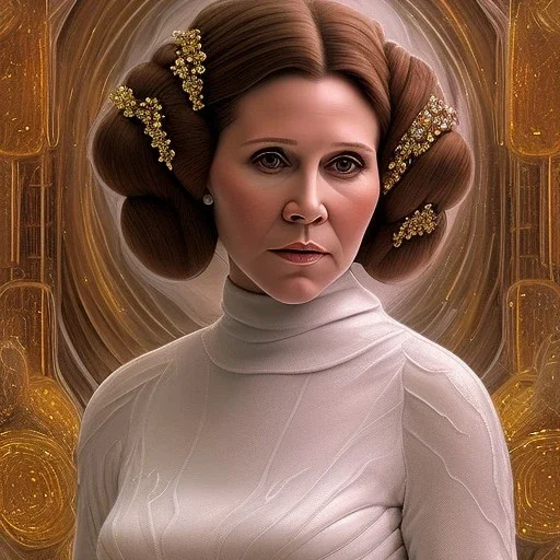 hyperspace background, complete and photo realistic detailed head to waist stunning photo realistic portrait of carrie fisher as Princess Leia in star wars with photo realistic updo hair by Mandy Jurgens and mucha and Richard Schmid and chuck close and chie yoshii, extraordinary and detailed ceremony dress of star wars,brown eyes