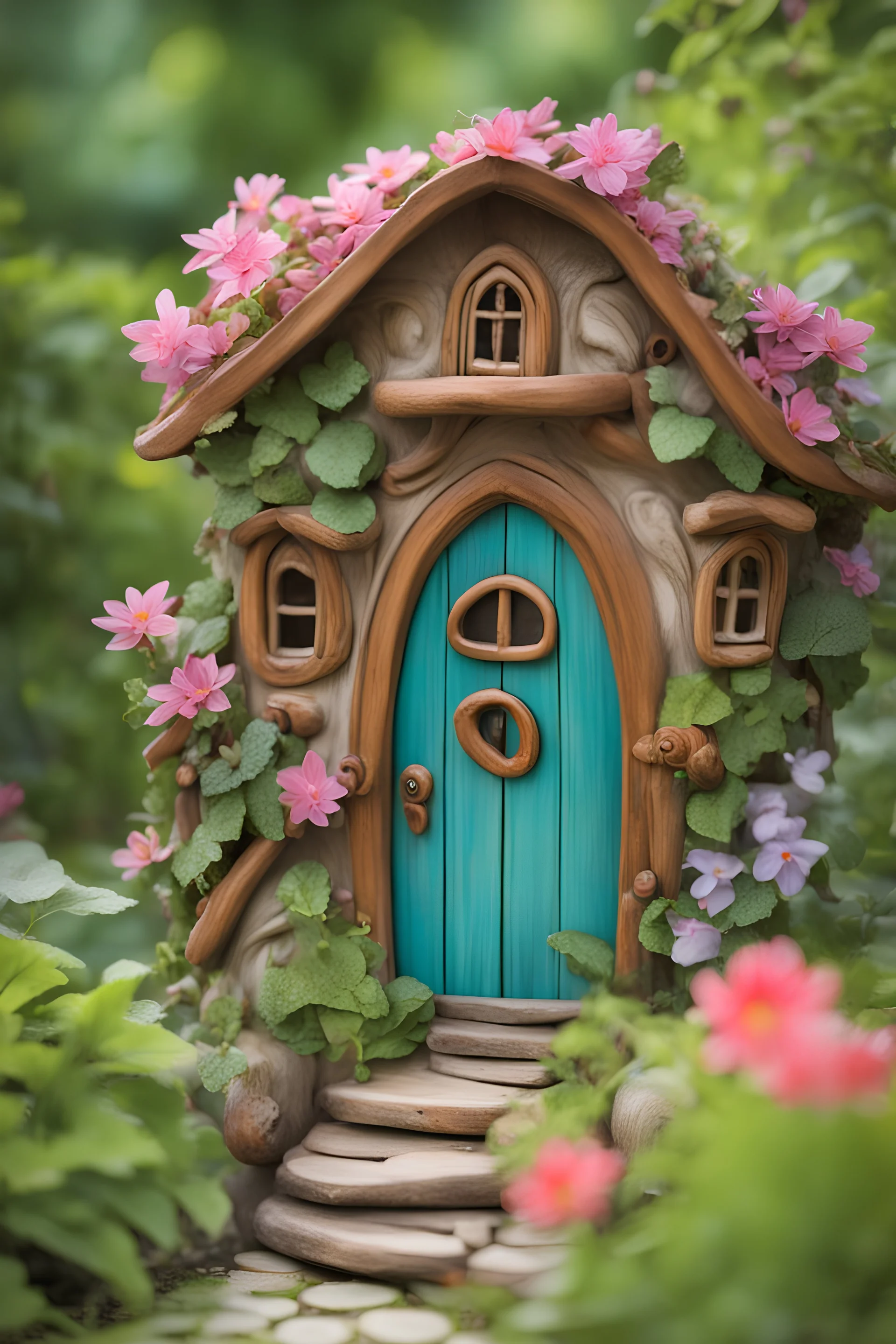 A whimsical fairy house with a door nestled within a vibrant garden, featuring winding vines and blooming flowers.