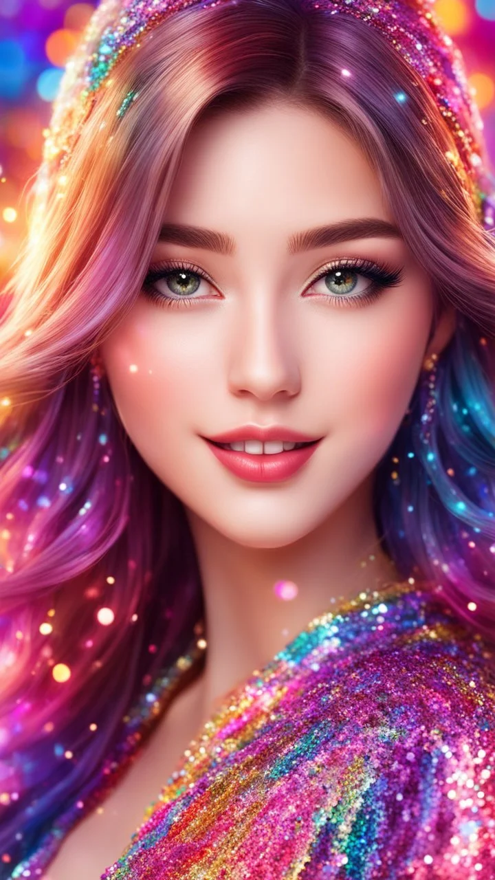 Beautiful anime girl with a dress fully covered with many colorful sequins, front view, beautiful anime portrait, realistic anime face, long shiny hair, glowing eyes, beautiful face, rosy cheeks, red lips, smile, colorful bokeh background, gorgeous, detailed, correct face structure, correct anatomy