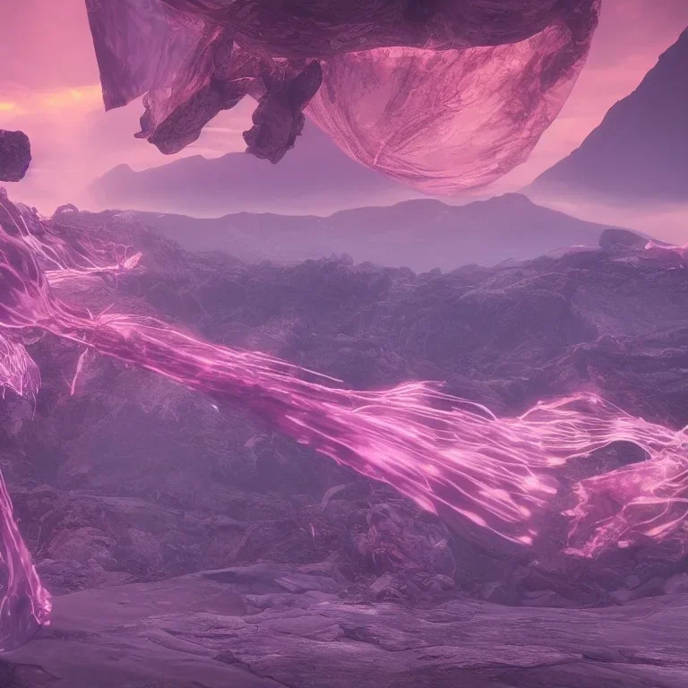 DANCING ALIENS, FLOWING FABRIC, cinematic lighting, 4k, 8k, octane render, digital concept art, ambient lighting, PINK, MOUNTAINS SUNSET