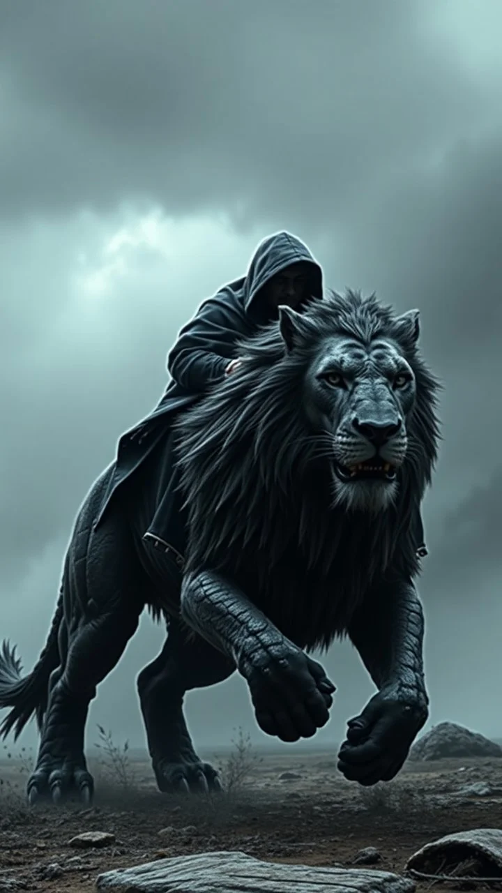 A black hooded creature , riding a running fast lion, a hyper details texturing of fullbody the skin realistic textures skin of lion .complex details, extremely, ultra rendering, it is standing admist darkness realms floors with stormy cloudy weather,