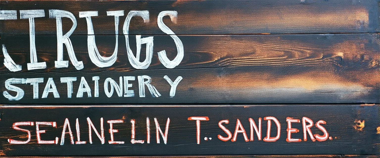 a hand painted sign on dark painted wood planks, first line says "DRUGS", second line (Smaller) says "STATIONERY T SANDERS", on a brown background