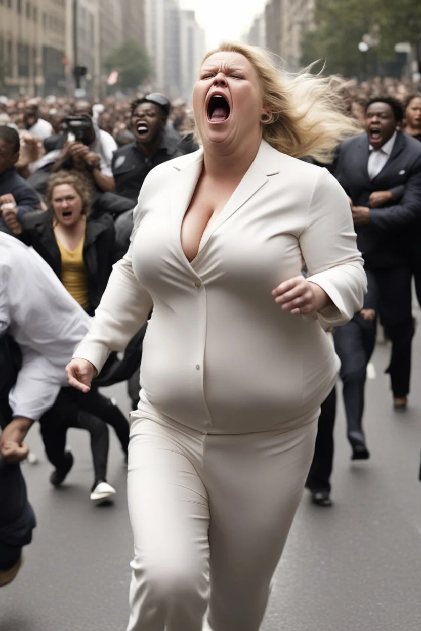 an obese terrified blonde white woman crying and sobbing in a pant suit desperately running away from an angry mob of thousands of black people chase her down a city street