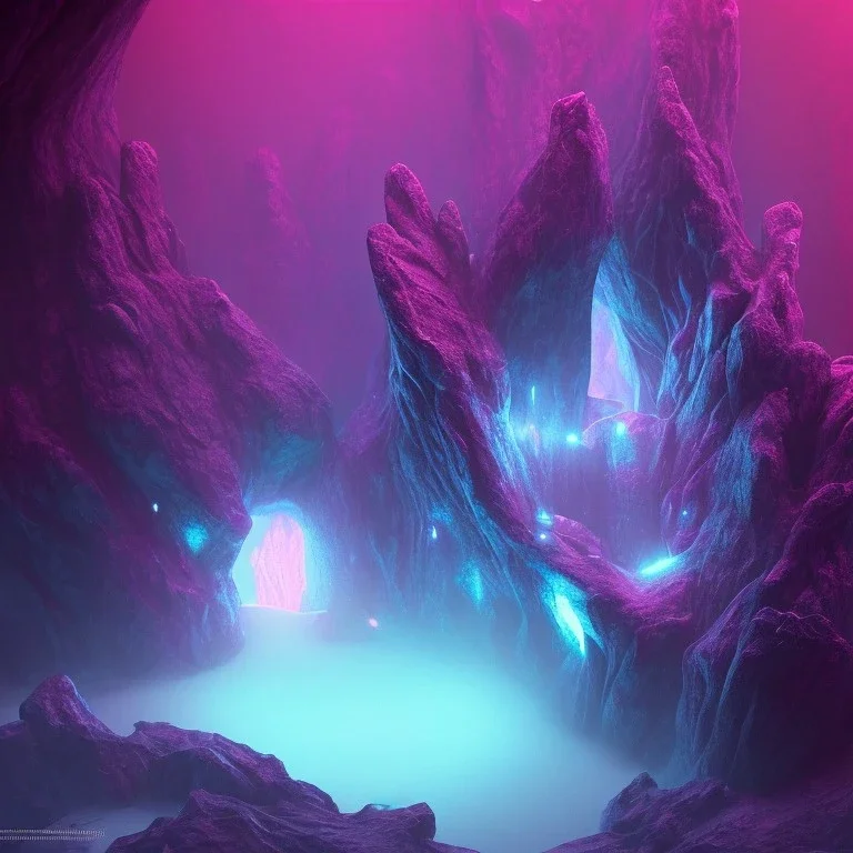 single pink crystal, on an altar in a foggy cave, cinematic,