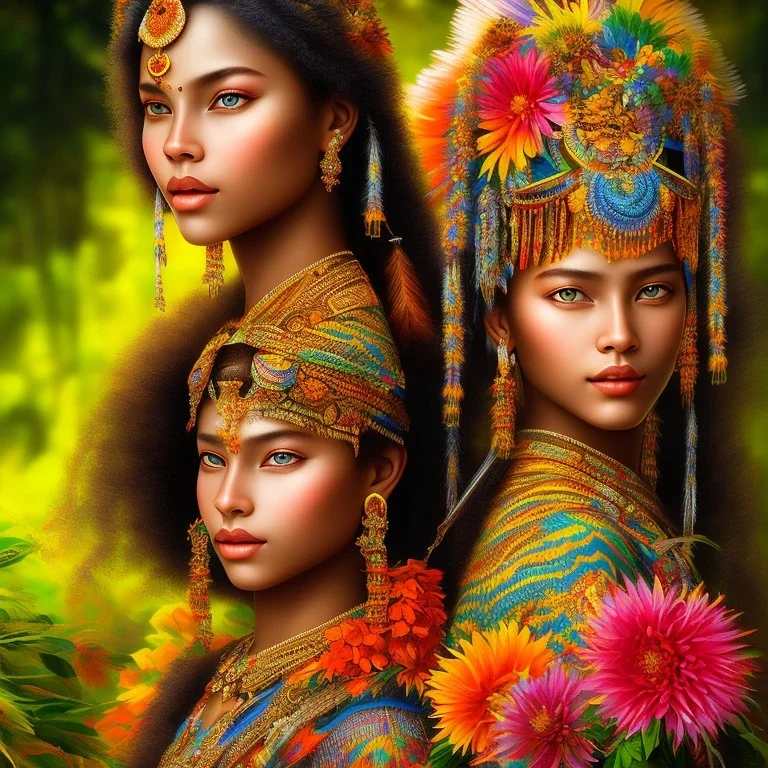 bright brazilian indigenous, beautiful portrait, flowery landscape, light