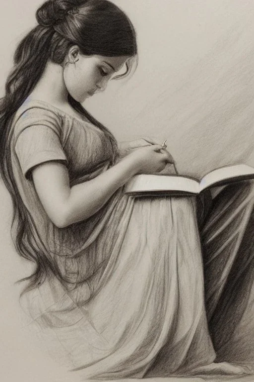 Pencil sketch of Young woman, Arab features,sad, long wavy hair, reading a book, full body، on lined paper