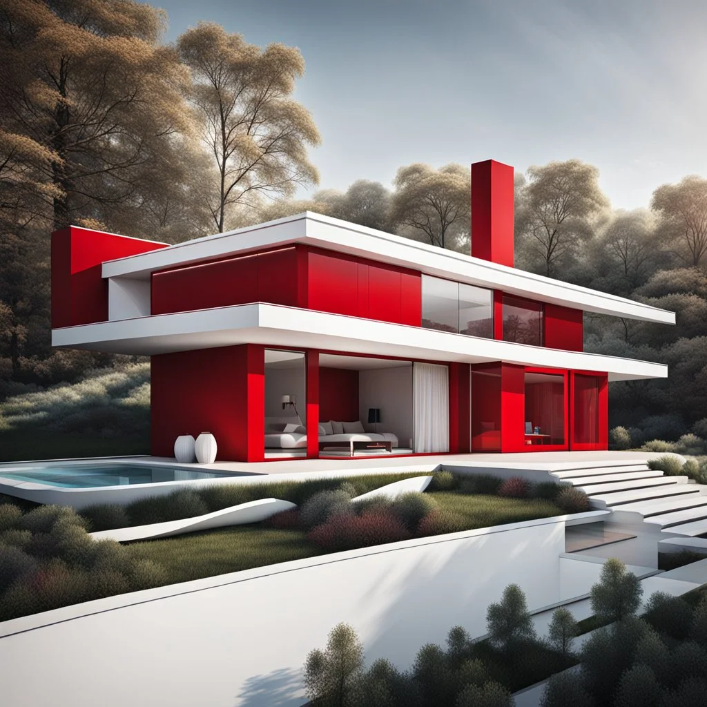 Draw an lineal illustration of a red and white country house, modern, minimalist style, ultra quality, detailed, Zaha Hadid style, Zaha Hadid style