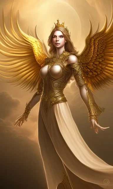 Female angel with big wings and golden crown floating above the ground in the dark, michelangelo style, detailed, world of warcraft style