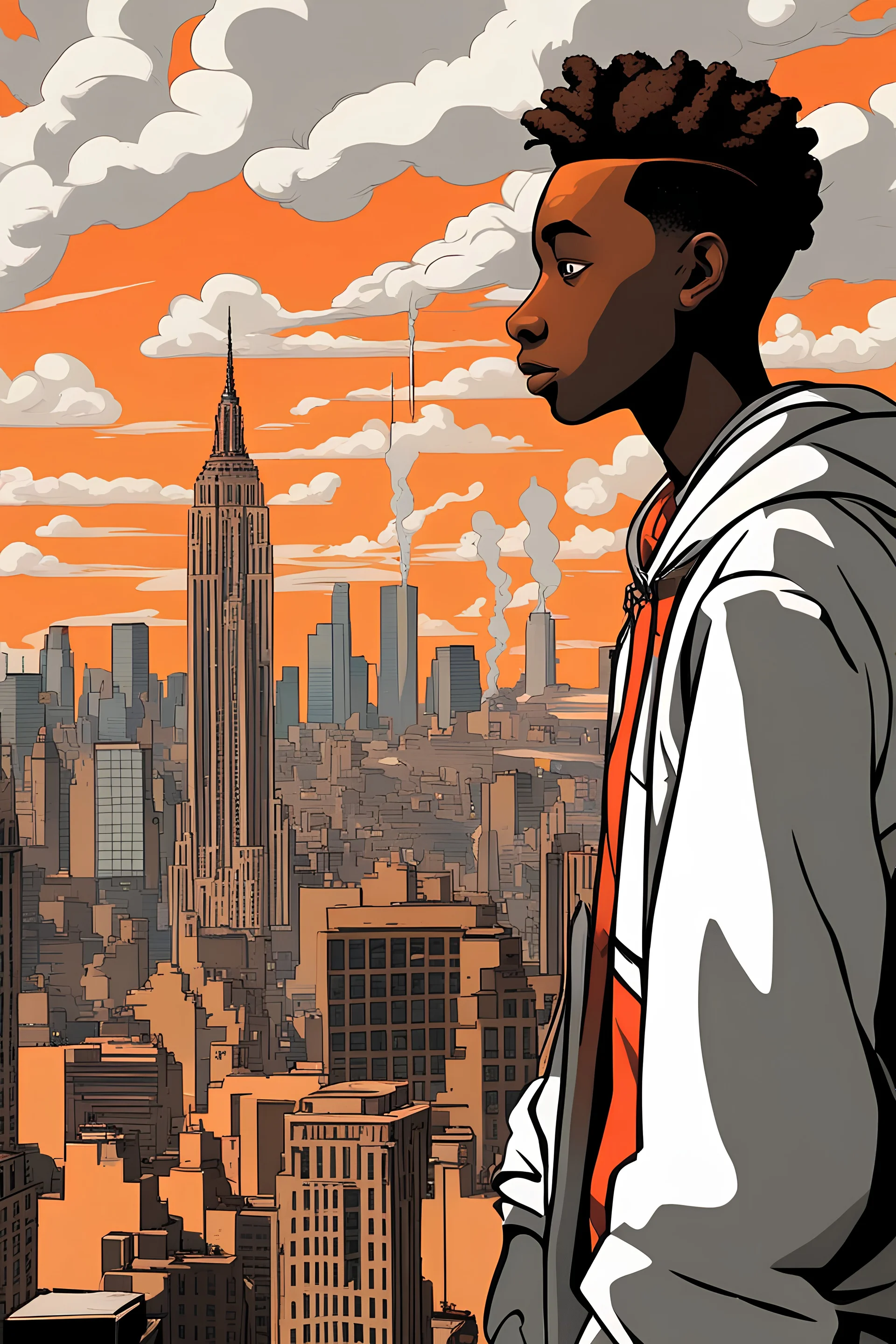 portrait in profile of a young African American teenager with an orange conedison his head. Large clouds of steam rise from the end of the cone on his head. With New York in the background. Made in the style of "Spider-Man: Into the Spider-Verse"