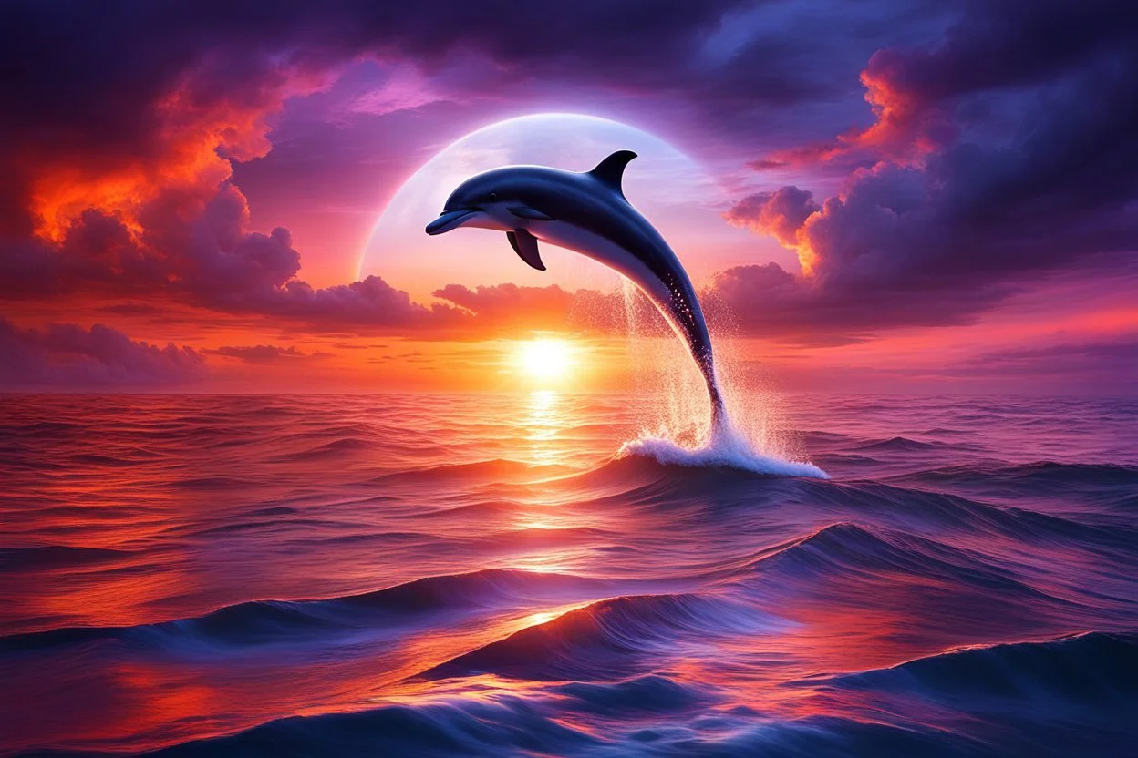 In a remote corner of the ocean, the sun bows its exit, draping the sky in a spectacular cloak of vibrant oranges, purples, and pinks. These hues kiss the sea, setting it ablaze with color, each wave reflecting the heavens' fiery palette. Amidst this tranquil seascape, a dolphin emerges, an embodiment of grace and exuberance. The setting sun anoints its leaping form with a shimmering veneer, accentuating the blue-grey tones of its skin against the water's canvas.