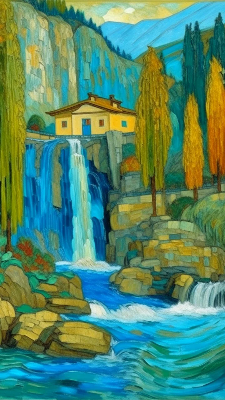 A blue Japanese palace near a waterfall painted by Vincent van Gogh
