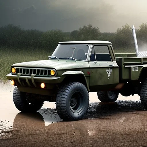 photorealistic shot, muddy military toy truck, monotone color palette, sharp focus, puddle reflection, tire water splash, refraction, mist on the horizon, shadowcast, detailed and intricate, cinematic composition, micro, tilt shift photography